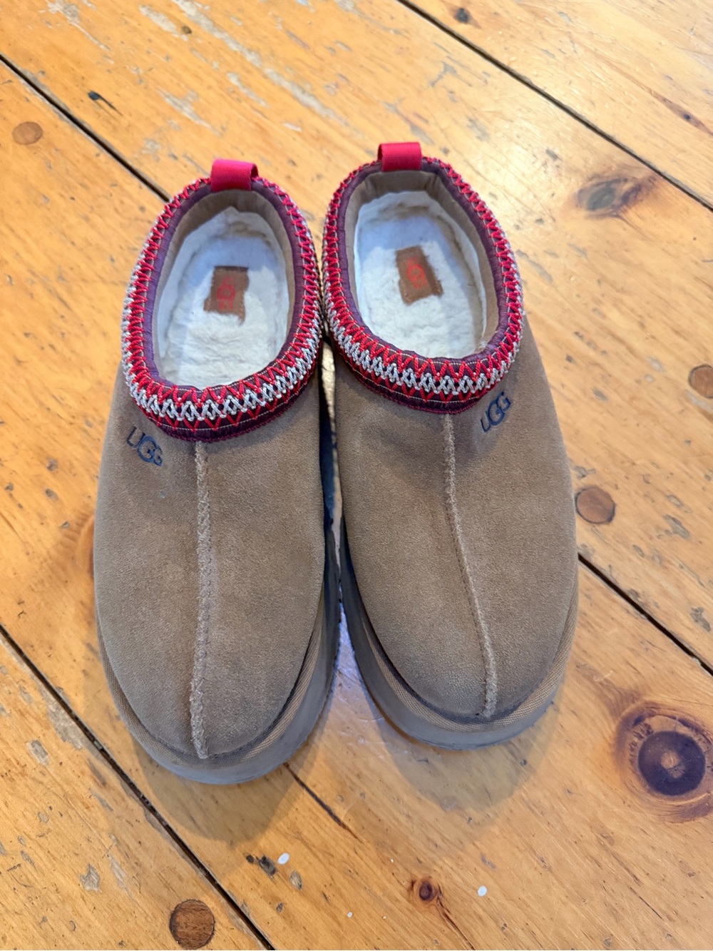 UGG Chestnut Suede Slip-On Slippers with Red Trim